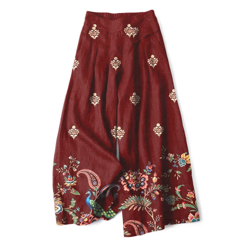 Buddha Stones Baumwoll-Leinen-Hose im Boho-Stil mit floralem Paisley-Muster, elastischem Bund, weitem Bein und Taschen - Kastanienbraun - US16, UK/AU20, EU48 (3XL) - image 4