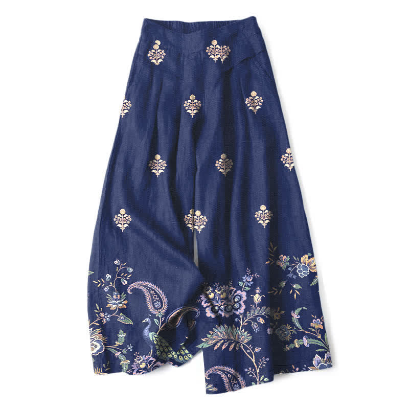 Buddha Stones Baumwoll-Leinen-Hose im Boho-Stil mit floralem Paisley-Muster, elastischem Bund, weitem Bein und Taschen - Marine - US16, UK/AU20, EU48 (3XL) - image 6
