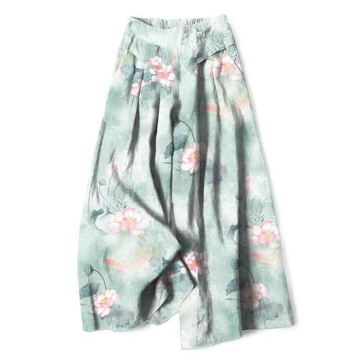 Buddha Stones Baumwoll-Leinen-Hose mit Aquarell-Lotusblatt-Blumenmuster, elastischem Bund, weitem Bein und Taschen - Aquamarin - US16, UK/AU20, EU48 (3XL) - image 0