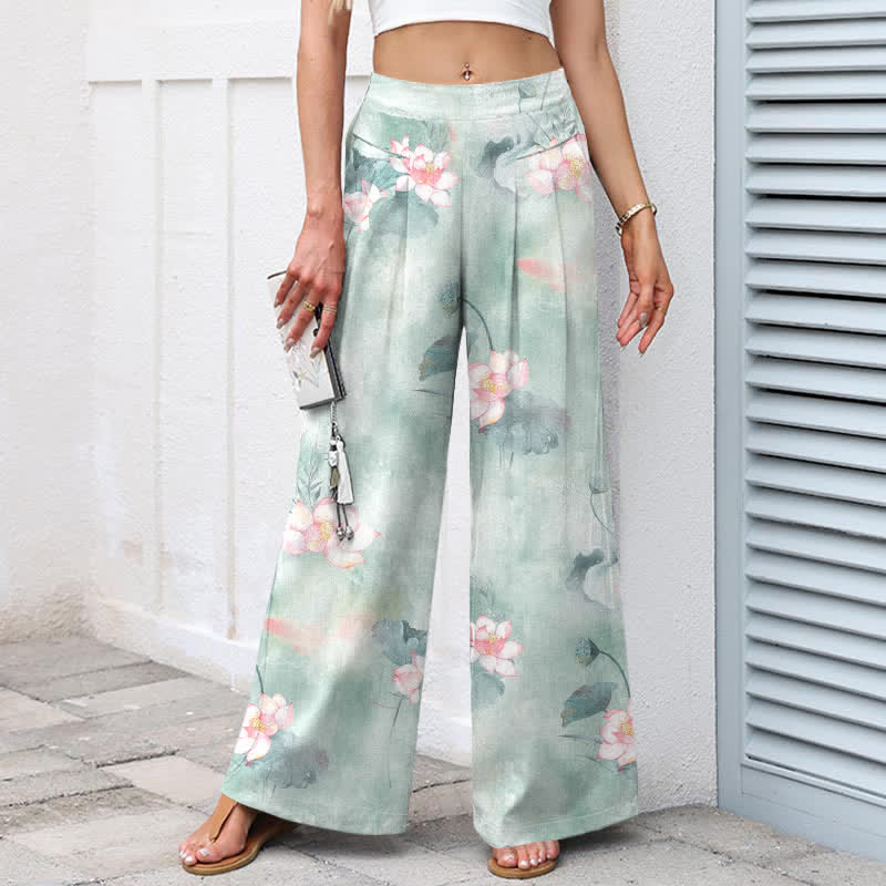 Buddha Stones Baumwoll-Leinen-Hose mit Aquarell-Lotusblatt-Blumenmuster, elastischem Bund, weitem Bein und Taschen - image 1