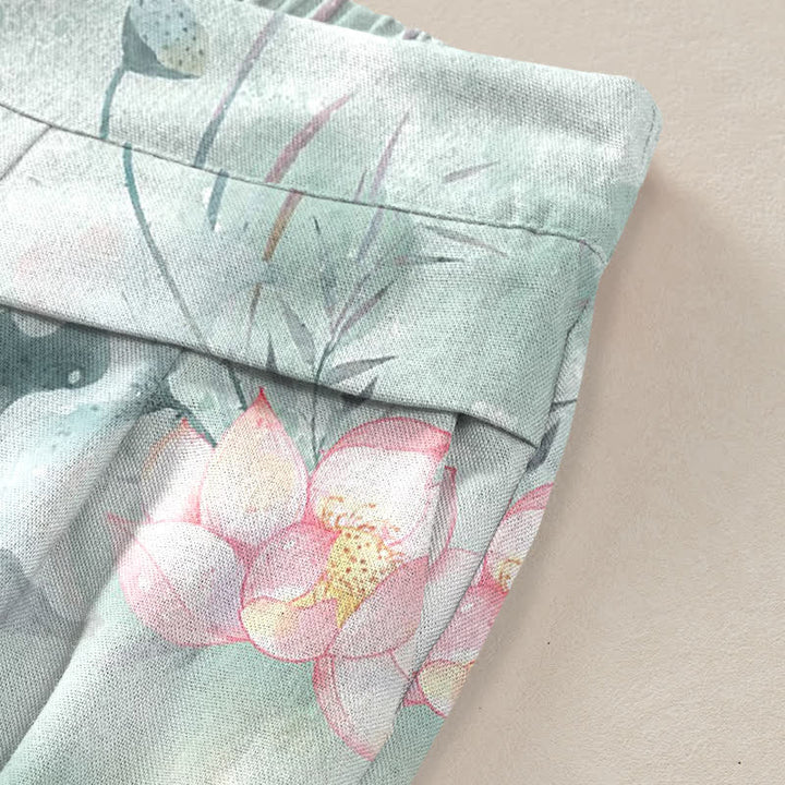 Buddha Stones Baumwoll-Leinen-Hose mit Aquarell-Lotusblatt-Blumenmuster, elastischem Bund, weitem Bein und Taschen - image 2