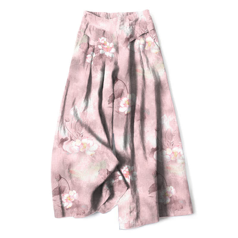 Buddha Stones Baumwoll-Leinen-Hose mit Aquarell-Lotusblatt-Blumenmuster, elastischem Bund, weitem Bein und Taschen - Hellrosa - US16, UK/AU20, EU48 (3XL) - image 4