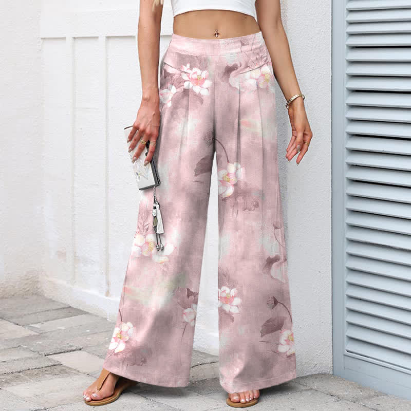 Buddha Stones Baumwoll-Leinen-Hose mit Aquarell-Lotusblatt-Blumenmuster, elastischem Bund, weitem Bein und Taschen - image 5