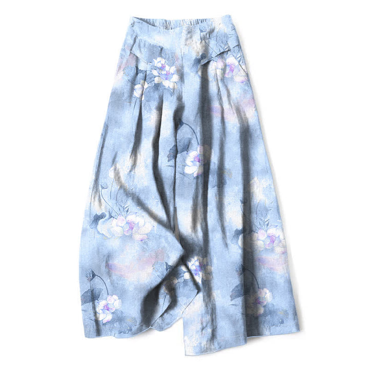 Buddha Stones Baumwoll-Leinen-Hose mit Aquarell-Lotusblatt-Blumenmuster, elastischem Bund, weitem Bein und Taschen - Hellblau - US16, UK/AU20, EU48 (3XL) - image 6