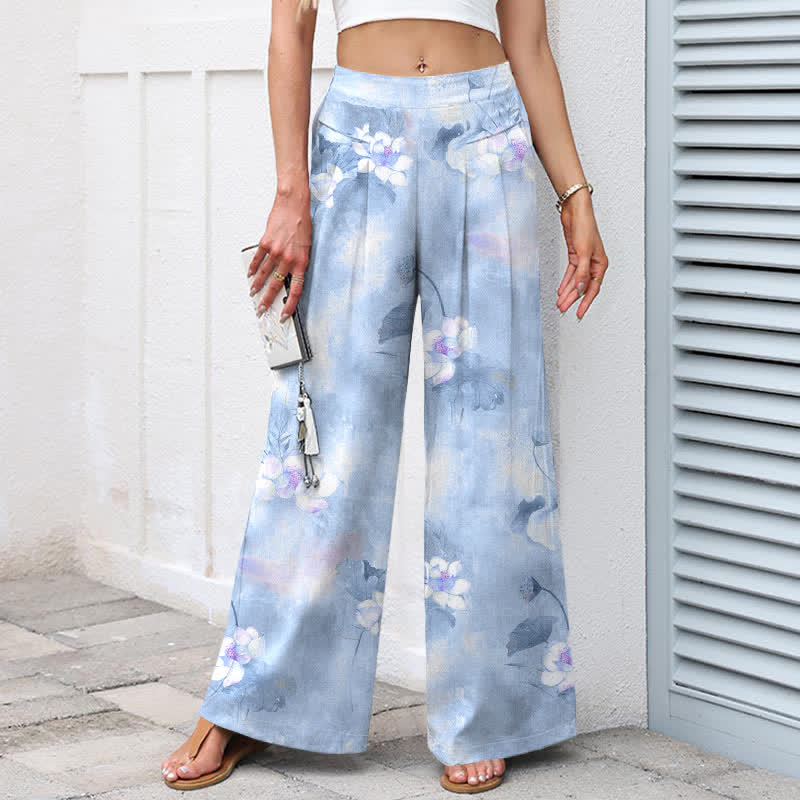 Buddha Stones Baumwoll-Leinen-Hose mit Aquarell-Lotusblatt-Blumenmuster, elastischem Bund, weitem Bein und Taschen - image 7