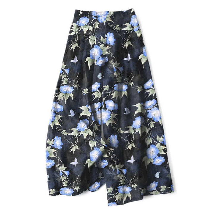 Buddha Stones Baumwoll-Leinen-Hose mit blauem Blumenmuster, elastischem Bund, weitem Bein und Taschen - Kornblumenblau - US16, UK/AU20, EU48 (3XL) - image 0