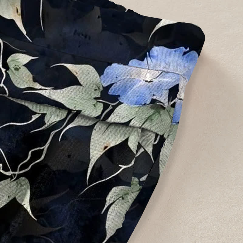 Buddha Stones Baumwoll-Leinen-Hose mit blauem Blumenmuster, elastischem Bund, weitem Bein und Taschen - image 2