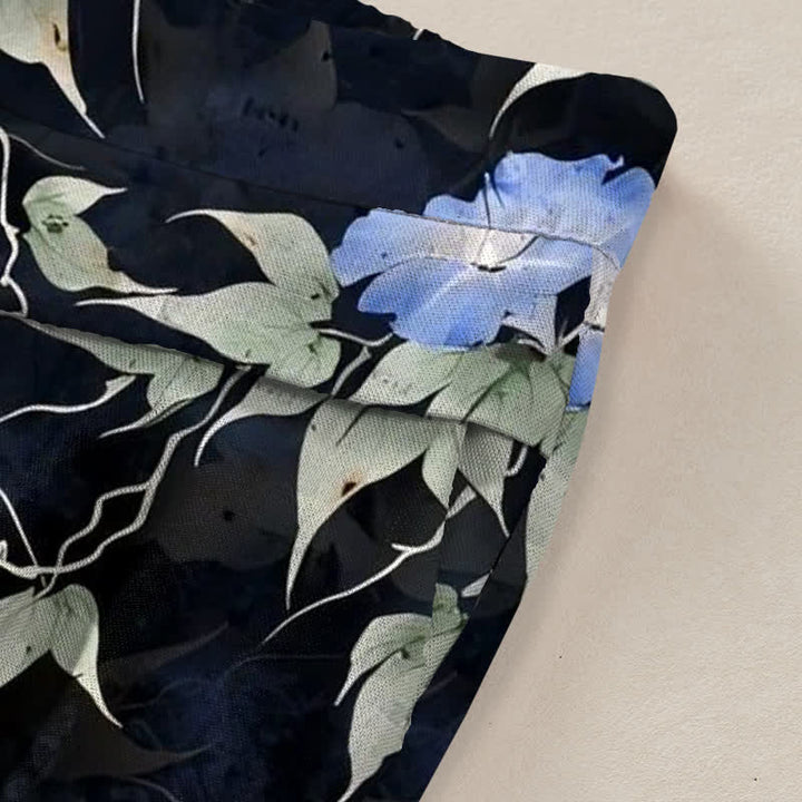 Buddha Stones Baumwoll-Leinen-Hose mit blauem Blumenmuster, elastischem Bund, weitem Bein und Taschen - image 2