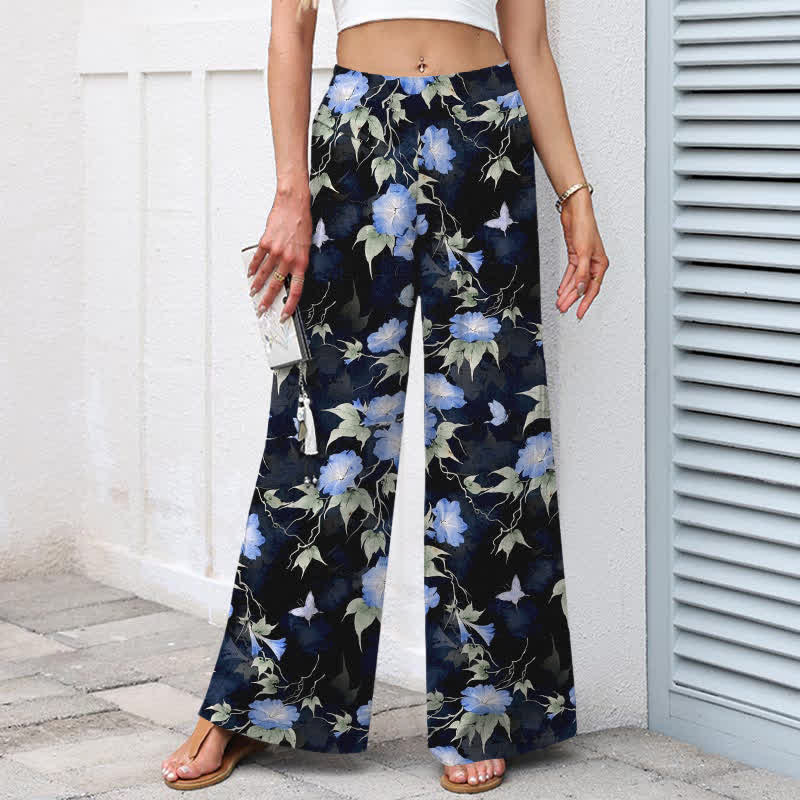 Buddha Stones Baumwoll-Leinen-Hose mit blauem Blumenmuster, elastischem Bund, weitem Bein und Taschen - image 1