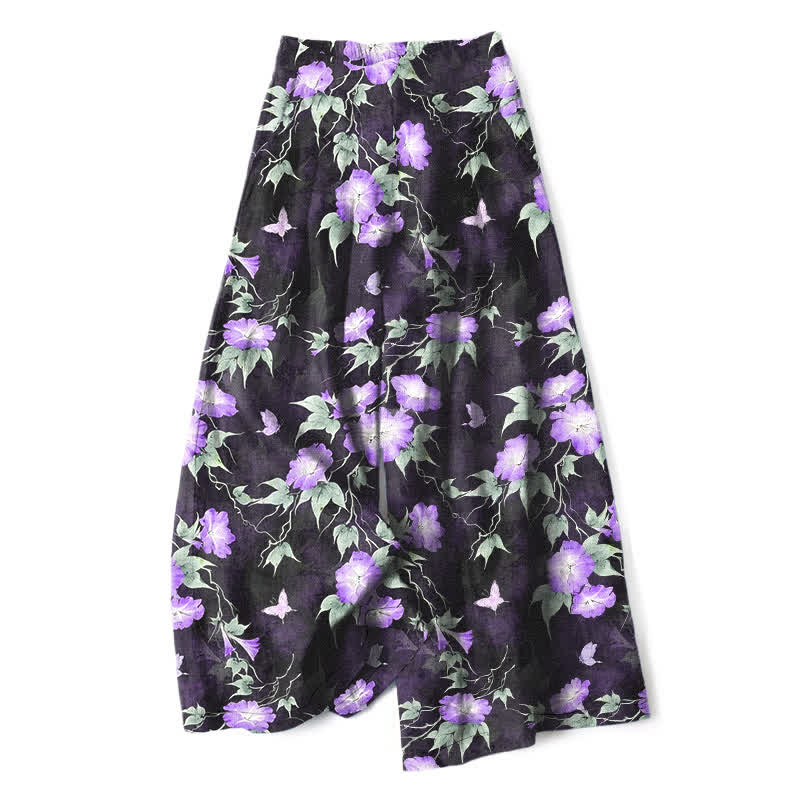 Buddha Stones Baumwoll-Leinen-Hose mit blauem Blumenmuster, elastischem Bund, weitem Bein und Taschen - Mittelgroße Orchidee - US16, UK/AU20, EU48 (3XL) - image 4