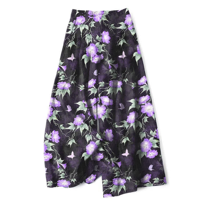 Buddha Stones Baumwoll-Leinen-Hose mit blauem Blumenmuster, elastischem Bund, weitem Bein und Taschen - Mittelgroße Orchidee - US16, UK/AU20, EU48 (3XL) - image 4