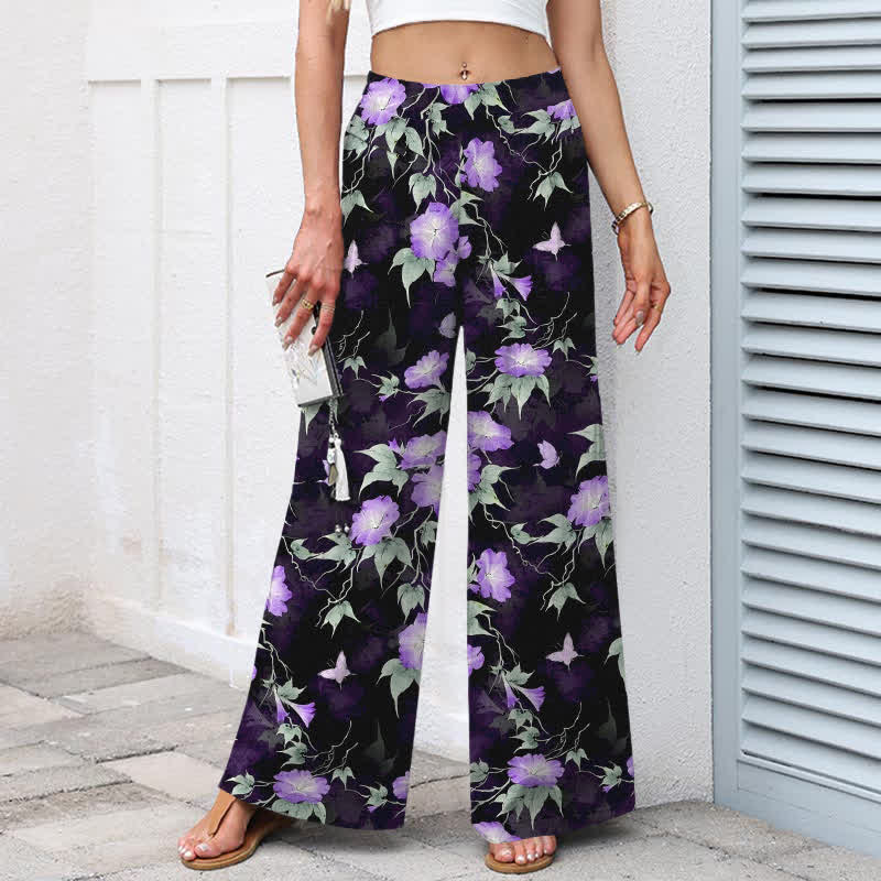 Buddha Stones Baumwoll-Leinen-Hose mit blauem Blumenmuster, elastischem Bund, weitem Bein und Taschen - image 5