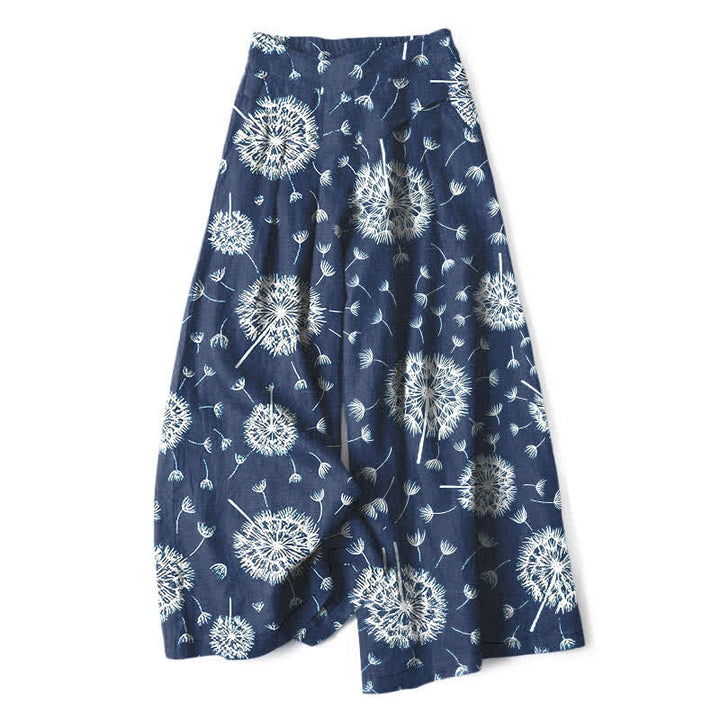 Buddha Stones Weiße Damenhose mit Löwenzahnmuster aus Baumwoll-Leinen-Mischgewebe, elastischem Bund, weitem Bein und Taschen - Marine - US16, UK/AU20, EU48 (3XL) - image 0