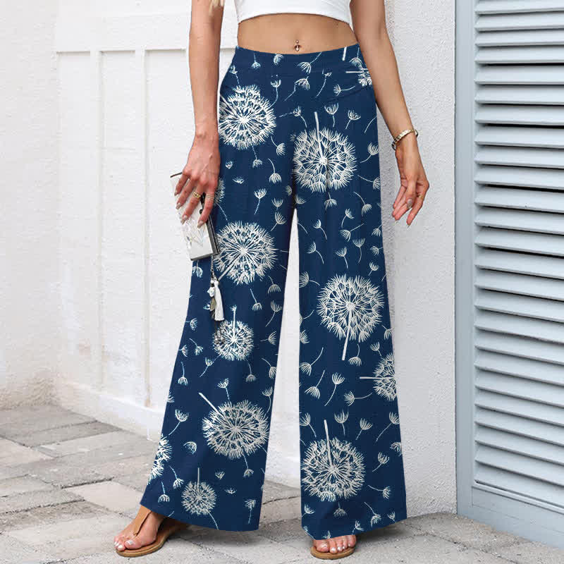 Buddha Stones Weiße Damenhose mit Löwenzahnmuster aus Baumwoll-Leinen-Mischgewebe, elastischem Bund, weitem Bein und Taschen - image 1