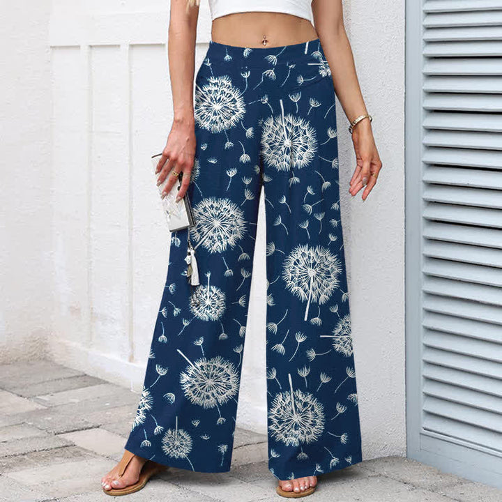 Buddha Stones Weiße Damenhose mit Löwenzahnmuster aus Baumwoll-Leinen-Mischgewebe, elastischem Bund, weitem Bein und Taschen - image 1