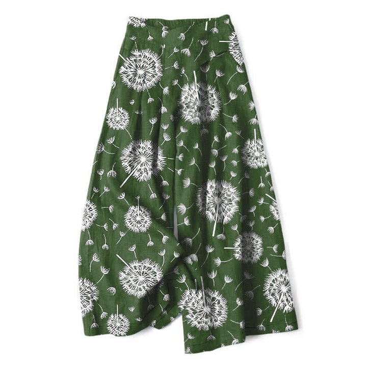 Buddha Stones Weiße Damenhose mit Löwenzahnmuster aus Baumwoll-Leinen-Mischgewebe, elastischem Bund, weitem Bein und Taschen - Waldgrün - US16, UK/AU20, EU48 (3XL) - image 4