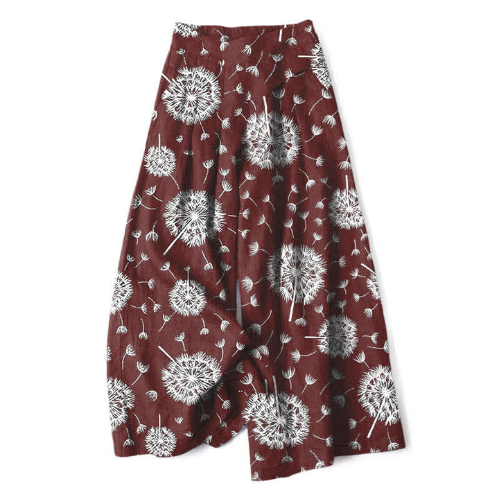 Buddha Stones Weiße Damenhose mit Löwenzahnmuster aus Baumwoll-Leinen-Mischgewebe, elastischem Bund, weitem Bein und Taschen - Kastanienbraun - US16, UK/AU20, EU48 (3XL) - image 6