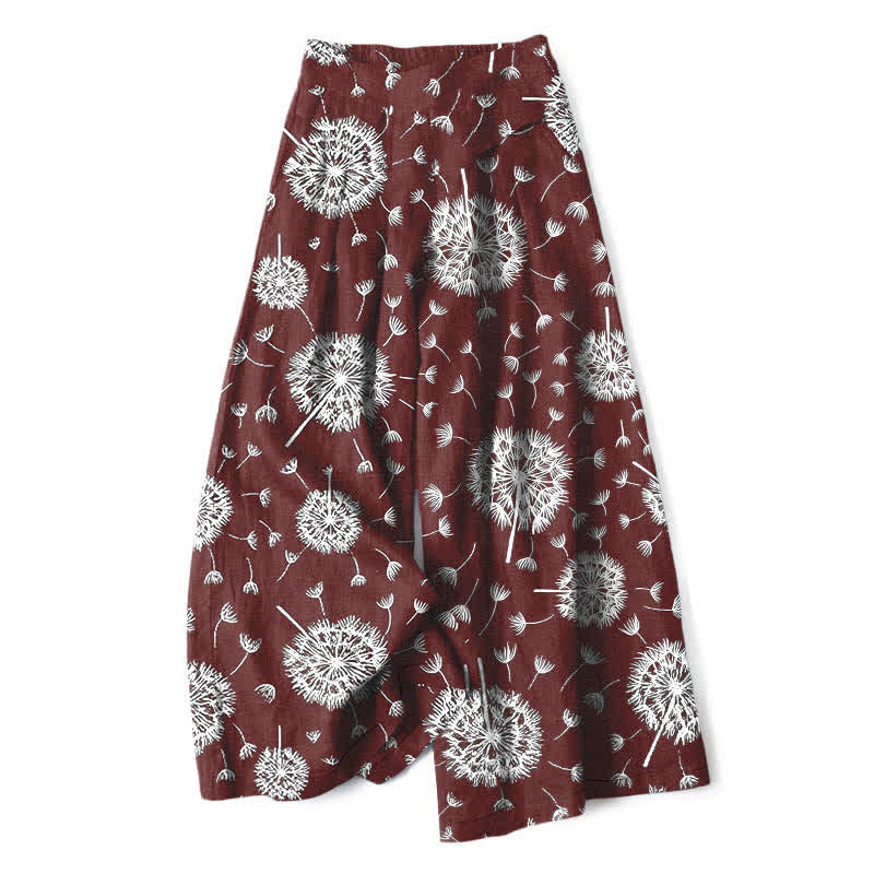 Buddha Stones Weiße Damenhose mit Löwenzahnmuster aus Baumwoll-Leinen-Mischgewebe, elastischem Bund, weitem Bein und Taschen - Kastanienbraun - US16, UK/AU20, EU48 (3XL) - image 6