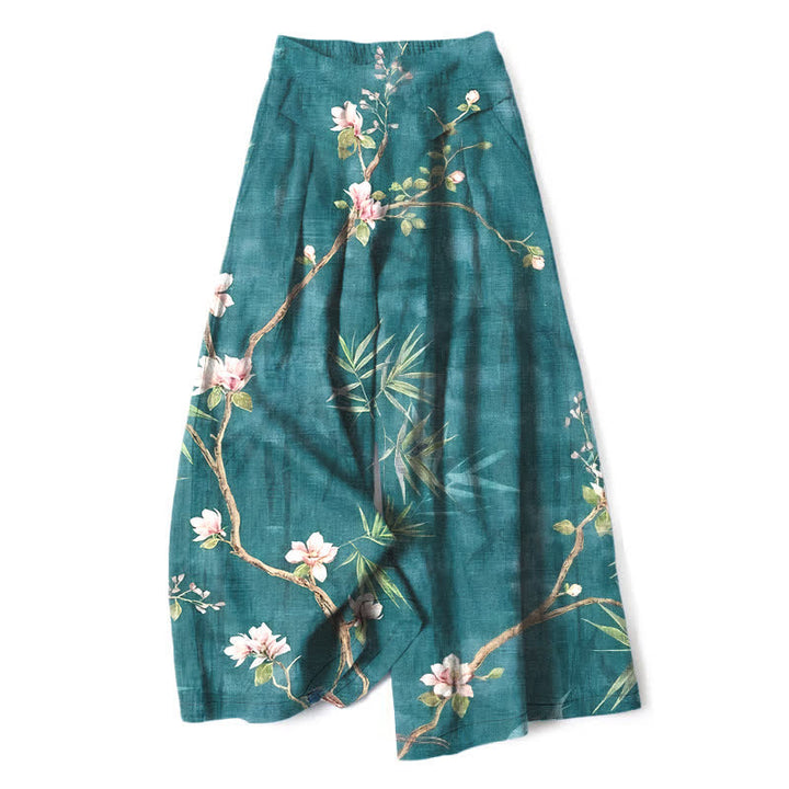 Buddha Stones Damenhose aus Baumwoll-Leinen-Mischgewebe mit orientalischem, hellrosa Blumenmuster, elastischem Bund, weitem Bein und Taschen - Türkis - US16, UK/AU20, EU48 (3XL) - image 0