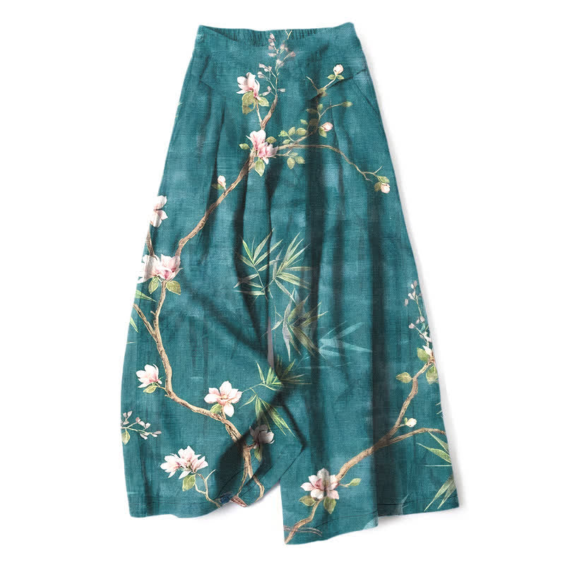 Buddha Stones Damenhose aus Baumwoll-Leinen-Mischgewebe mit orientalischem, hellrosa Blumenmuster, elastischem Bund, weitem Bein und Taschen - Türkis - US16, UK/AU20, EU48 (3XL) - image 0