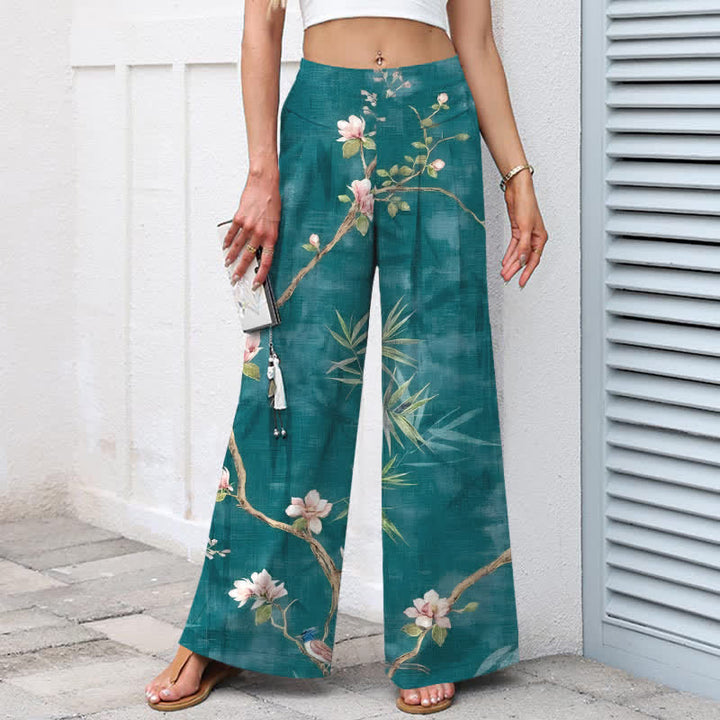 Buddha Stones Damenhose aus Baumwoll-Leinen-Mischgewebe mit orientalischem, hellrosa Blumenmuster, elastischem Bund, weitem Bein und Taschen - image 1