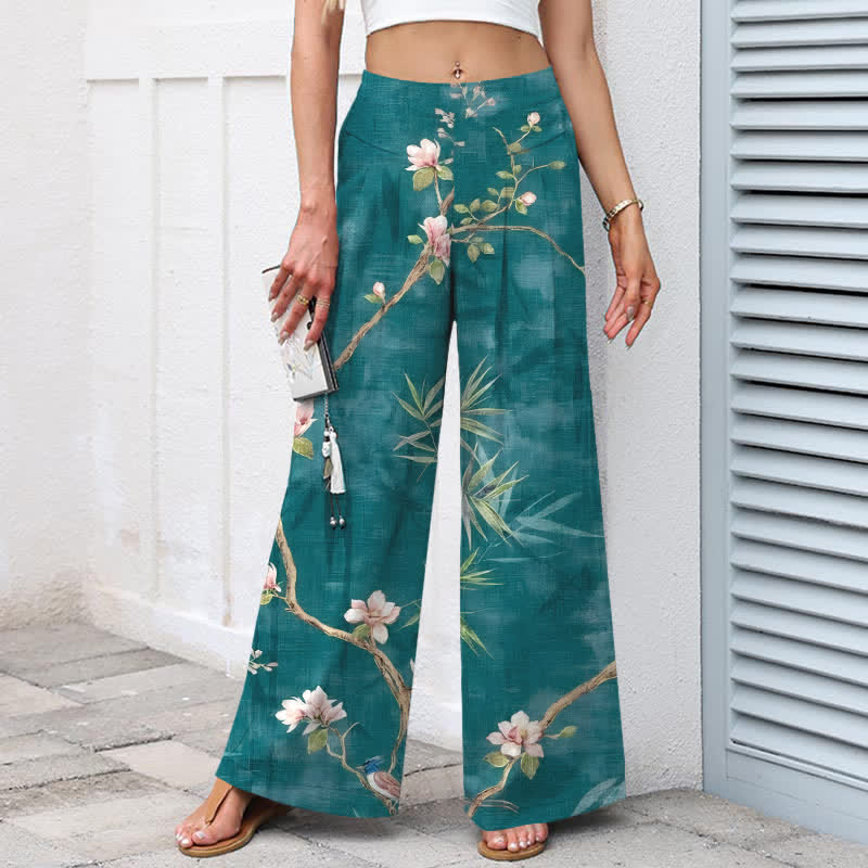 Buddha Stones Damenhose aus Baumwoll-Leinen-Mischgewebe mit orientalischem, hellrosa Blumenmuster, elastischem Bund, weitem Bein und Taschen - image 1