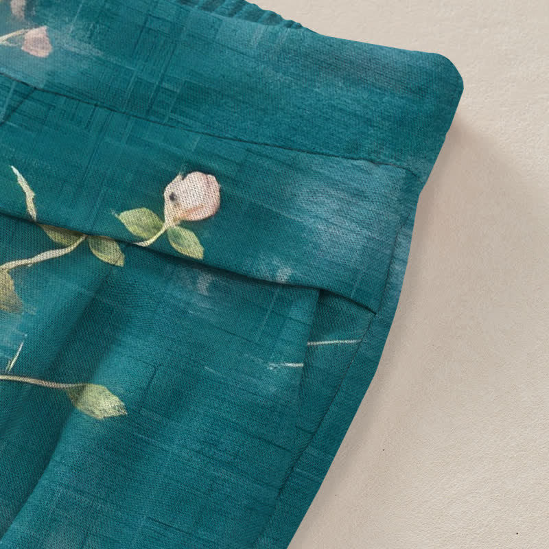 Buddha Stones Damenhose aus Baumwoll-Leinen-Mischgewebe mit orientalischem, hellrosa Blumenmuster, elastischem Bund, weitem Bein und Taschen - image 2