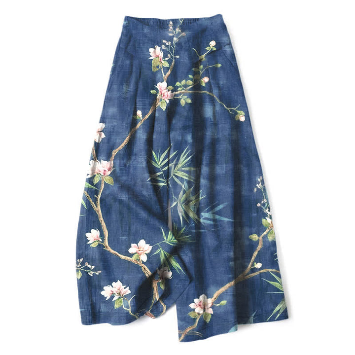 Buddha Stones Damenhose aus Baumwoll-Leinen-Mischgewebe mit orientalischem, hellrosa Blumenmuster, elastischem Bund, weitem Bein und Taschen - Marine - US16, UK/AU20, EU48 (3XL) - image 4