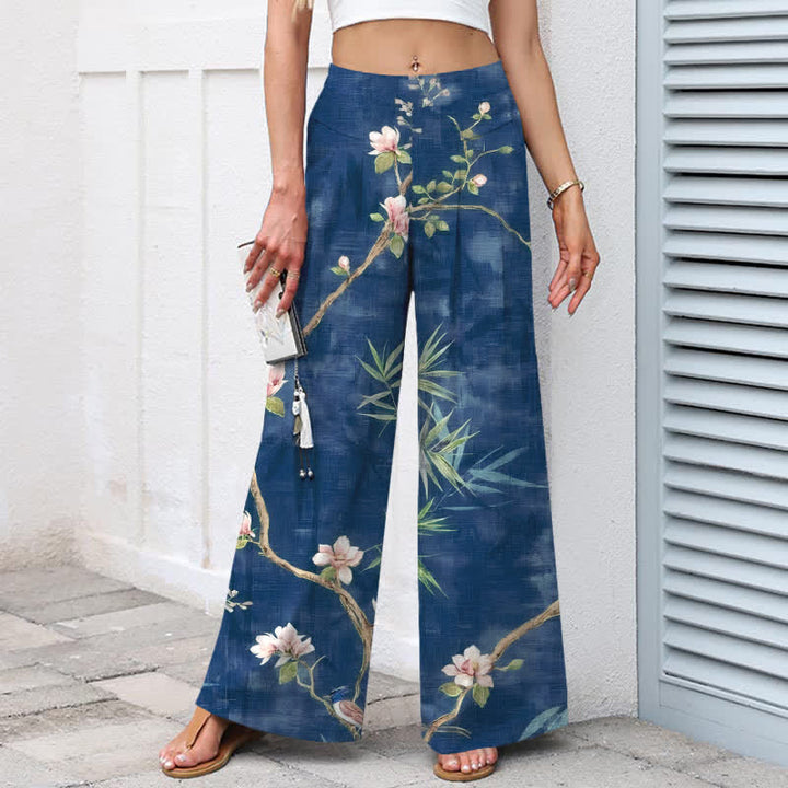 Buddha Stones Damenhose aus Baumwoll-Leinen-Mischgewebe mit orientalischem, hellrosa Blumenmuster, elastischem Bund, weitem Bein und Taschen - image 5
