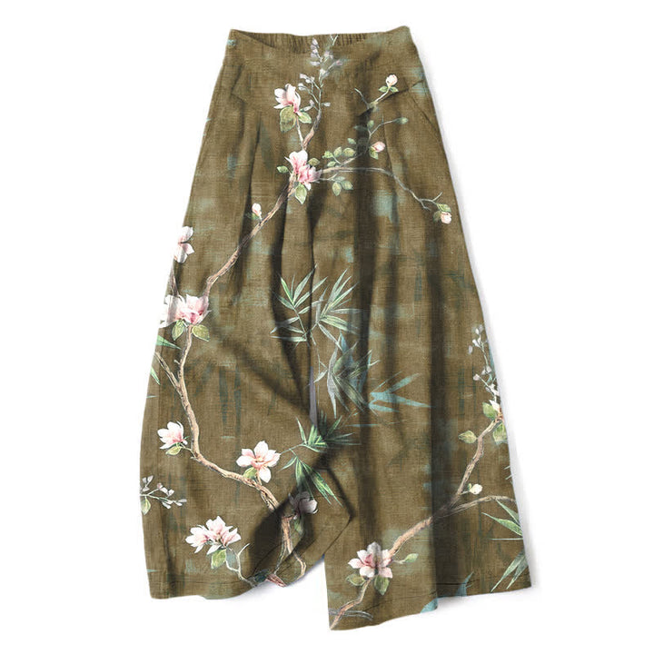 Buddha Stones Damenhose aus Baumwoll-Leinen-Mischgewebe mit orientalischem, hellrosa Blumenmuster, elastischem Bund, weitem Bein und Taschen - Olive - US16, UK/AU20, EU48 (3XL) - image 6
