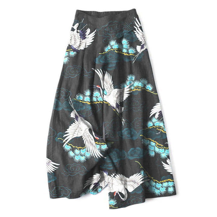 Buddha Stones Baumwoll-Leinen-Hose mit weißem Kranich-, Wolken- und Kiefernmuster, elastischem Bund, weitem Bein und Taschen - Schwarz - US16, UK/AU20, EU48 (3XL) - image 0
