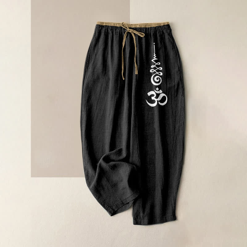 Buddha Stones Damenhose aus reiner Baumwolle mit Om-Symbolmuster, elastischem Bund und Taschen - Schwarz - US16, UK/AU20, EU48 (3XL) - image 0