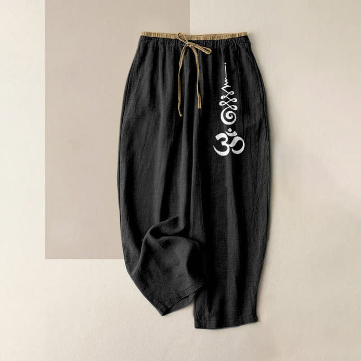 Buddha Stones Damenhose aus reiner Baumwolle mit Om-Symbolmuster, elastischem Bund und Taschen - Schwarz - US16, UK/AU20, EU48 (3XL) - image 0