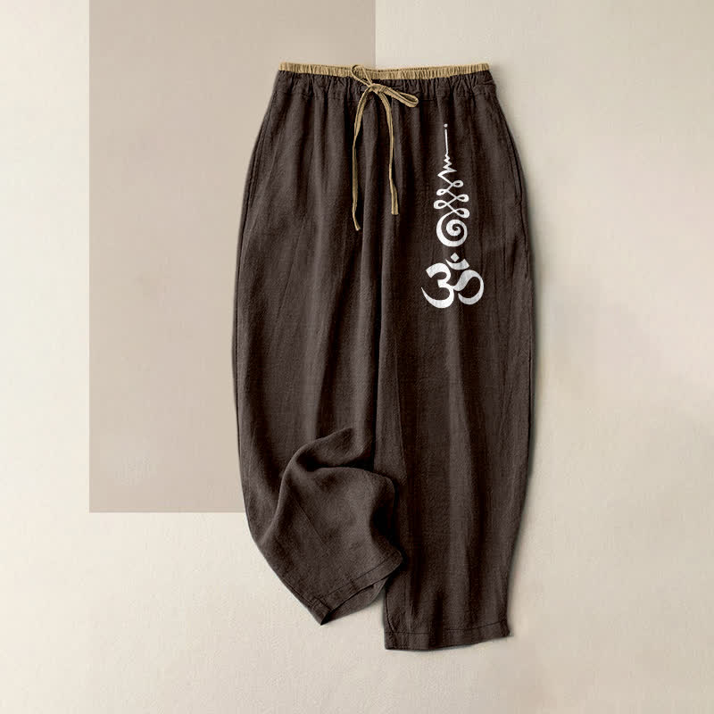 Buddha Stones Damenhose aus reiner Baumwolle mit Om-Symbolmuster, elastischem Bund und Taschen - Sattelbraun - US16, UK/AU20, EU48 (3XL) - image 8