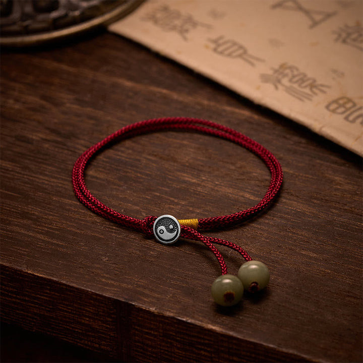 Buddha Stones Handgefertigtes rundes Yin-Yang-Schutzarmband aus 925er Sterlingsilber mit geflochtenem rotem Band im Vintage-Stil - Silber (Segen♥Ruhe) - image 0