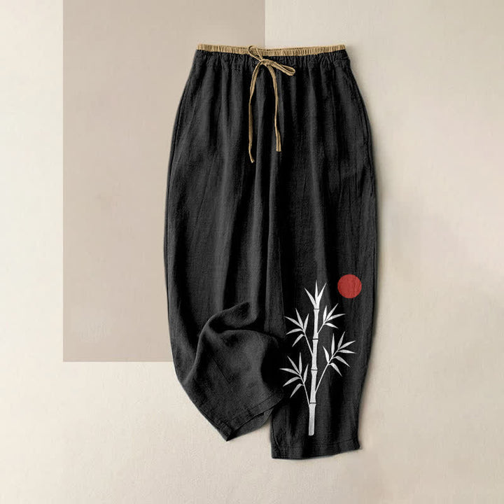 Buddha Stones Damen-Hose aus Baumwolle mit Zen-Bambusmuster, elastischem Bund und Taschen - Schwarz - US16, UK/AU20, EU48 (3XL) - image 0