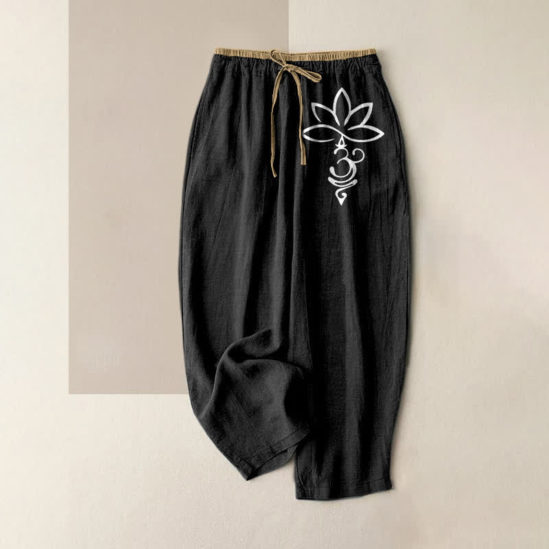 Buddha Stones Damenhose aus reiner Baumwolle mit Lotus-Om-Muster, elastischem Bund und Taschen - Schwarz - US16, UK/AU20, EU48 (3XL) - image 0