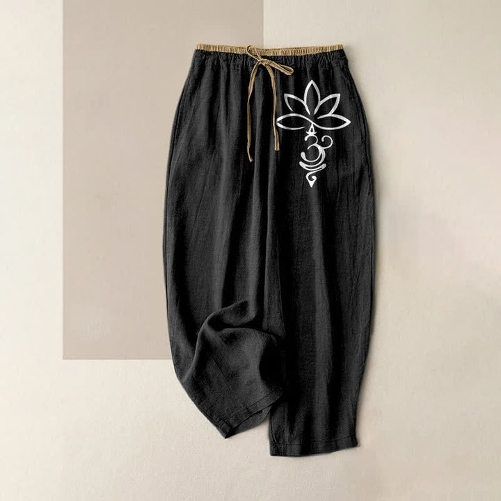 Buddha Stones Damenhose aus reiner Baumwolle mit Lotus-Om-Muster, elastischem Bund und Taschen - Schwarz - US16, UK/AU20, EU48 (3XL) - image 0