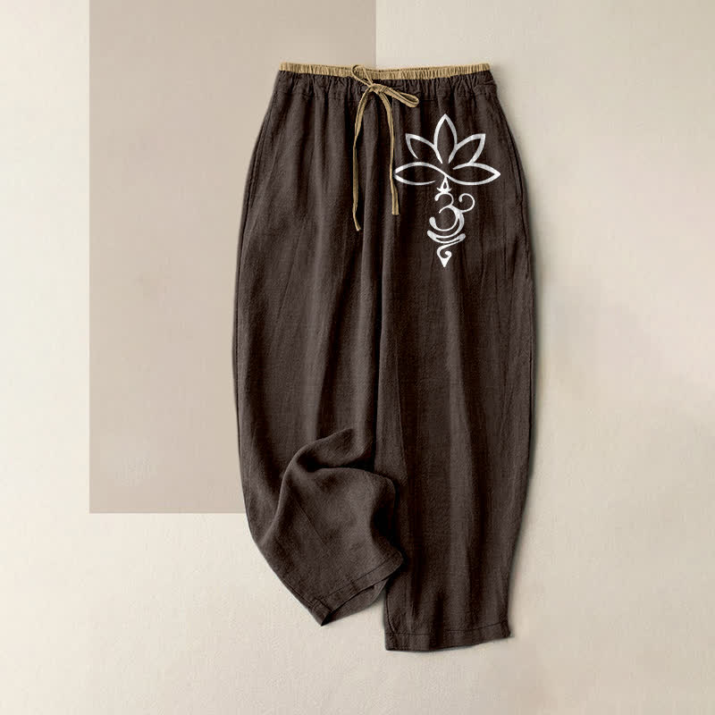 Buddha Stones Damenhose aus reiner Baumwolle mit Lotus-Om-Muster, elastischem Bund und Taschen - Sattelbraun - US16, UK/AU20, EU48 (3XL) - image 8