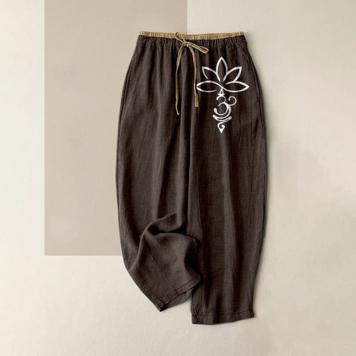 Buddha Stones Damenhose aus reiner Baumwolle mit Lotus-Om-Muster, elastischem Bund und Taschen - Sattelbraun - US16, UK/AU20, EU48 (3XL) - image 8