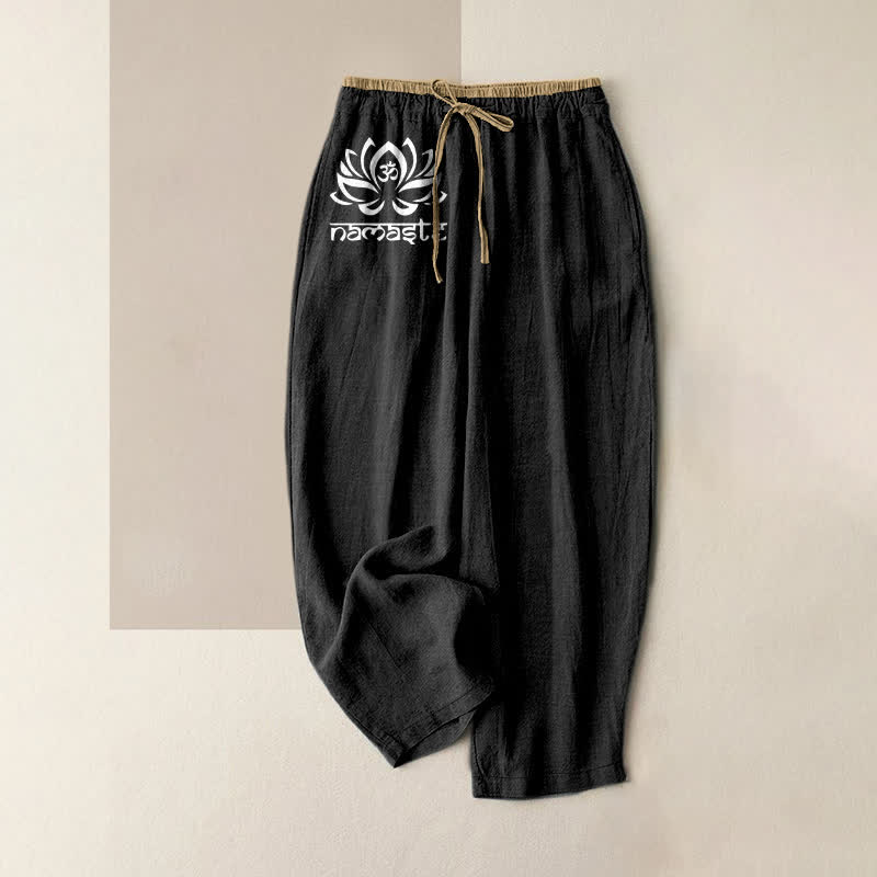 Buddha Stones Damenhose aus reiner Baumwolle mit Namaste-Lotusmuster, elastischem Bund und Taschen - Schwarz - US16, UK/AU20, EU48 (3XL) - image 0