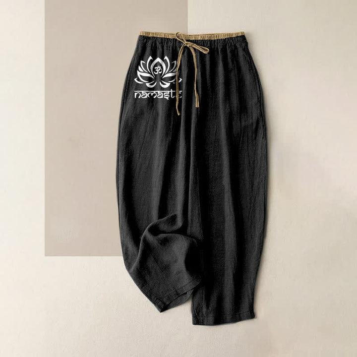 Buddha Stones Damenhose aus reiner Baumwolle mit Namaste-Lotusmuster, elastischem Bund und Taschen - Schwarz - US16, UK/AU20, EU48 (3XL) - image 0