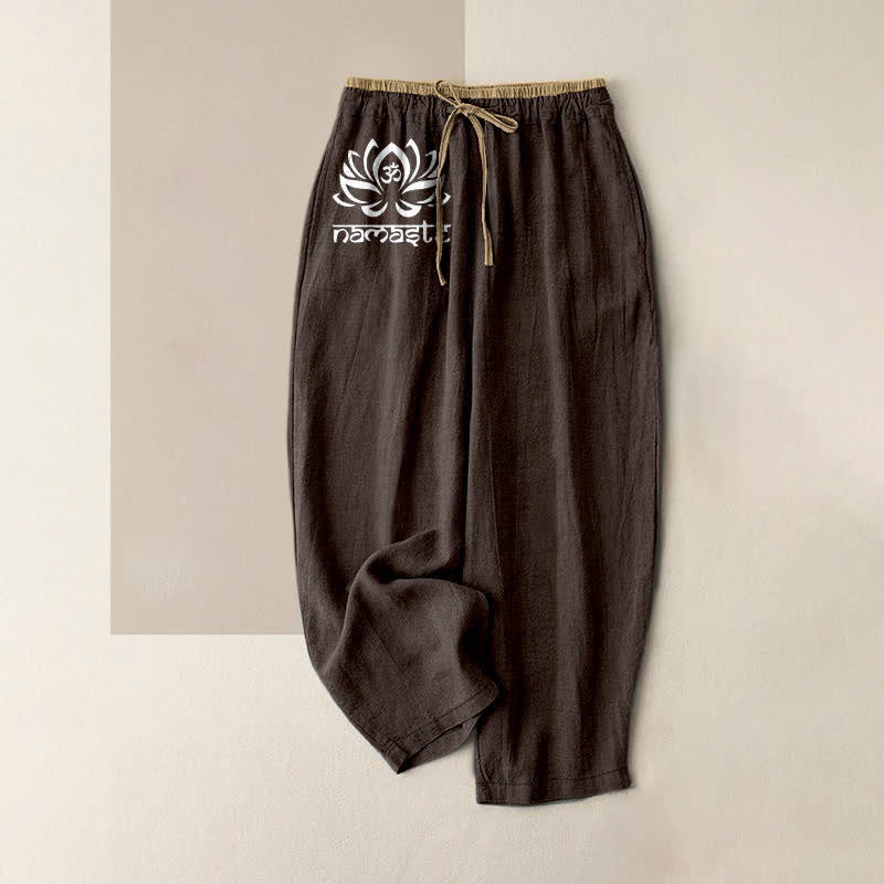 Buddha Stones Damenhose aus reiner Baumwolle mit Namaste-Lotusmuster, elastischem Bund und Taschen - Sattelbraun - US16, UK/AU20, EU48 (3XL) - image 4