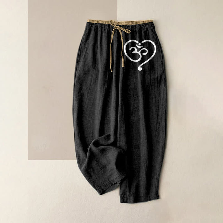 Buddha Stones Damenhose aus reiner Baumwolle mit Zen-Om-Herzmuster, elastischem Bund und Taschen - Schwarz - US16, UK/AU20, EU48 (3XL) - image 0