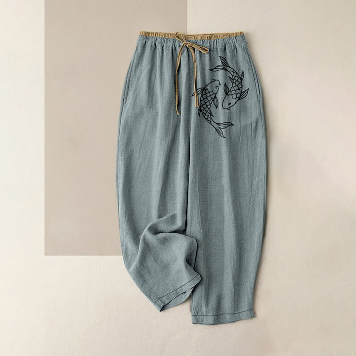 Buddha Stones Damenhose aus reiner Baumwolle mit Zen-Koi-Fischmuster, elastischem Bund und Taschen - Kadettenblau - US16, UK/AU20, EU48 (3XL) - image 0