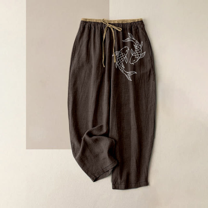 Buddha Stones Damenhose aus reiner Baumwolle mit Zen-Koi-Fischmuster, elastischem Bund und Taschen - Sattelbraun - US16, UK/AU20, EU48 (3XL) - image 8
