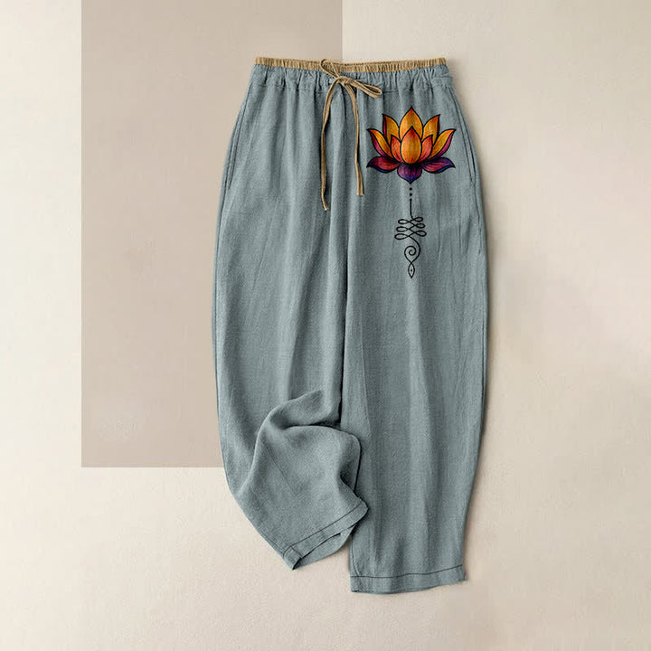 Buddha Stones Damenhose aus reiner Baumwolle mit orangefarbenem Lotusmuster, elastischem Bund und Taschen - Kadettenblau - US16, UK/AU20, EU48 (3XL) - image 8