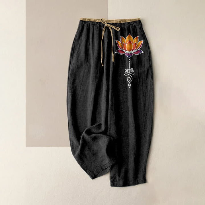 Buddha Stones Damenhose aus reiner Baumwolle mit orangefarbenem Lotusmuster, elastischem Bund und Taschen - Schwarz - US16, UK/AU20, EU48 (3XL) - image 0