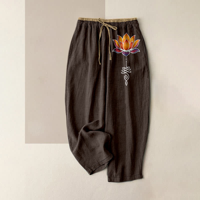Buddha Stones Damenhose aus reiner Baumwolle mit orangefarbenem Lotusmuster, elastischem Bund und Taschen - Sattelbraun - US16, UK/AU20, EU48 (3XL) - image 4