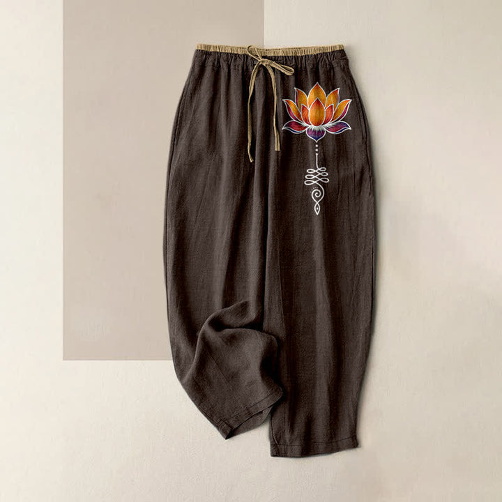 Buddha Stones Damenhose aus reiner Baumwolle mit orangefarbenem Lotusmuster, elastischem Bund und Taschen - Sattelbraun - US16, UK/AU20, EU48 (3XL) - image 4